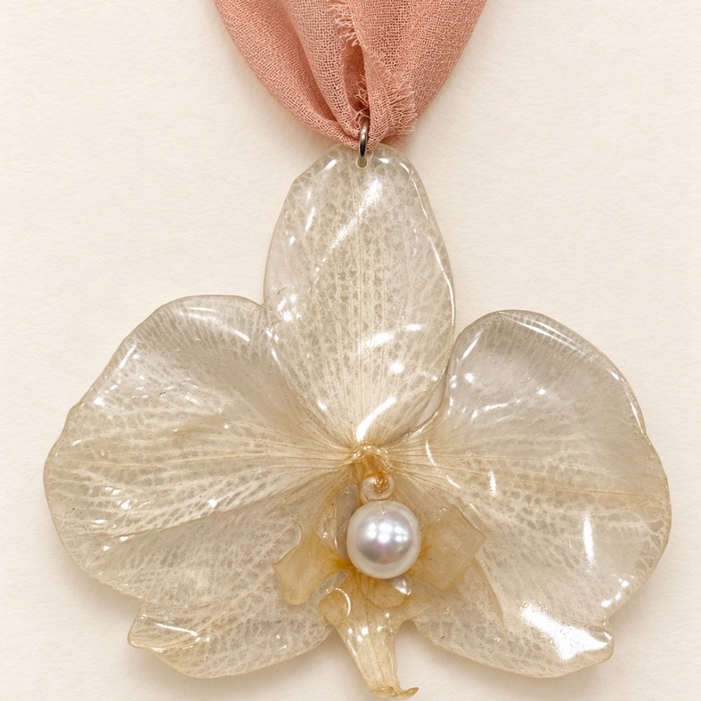 Colgante de orquídea clara conservada en resina con una perla, sobre cinta rosa