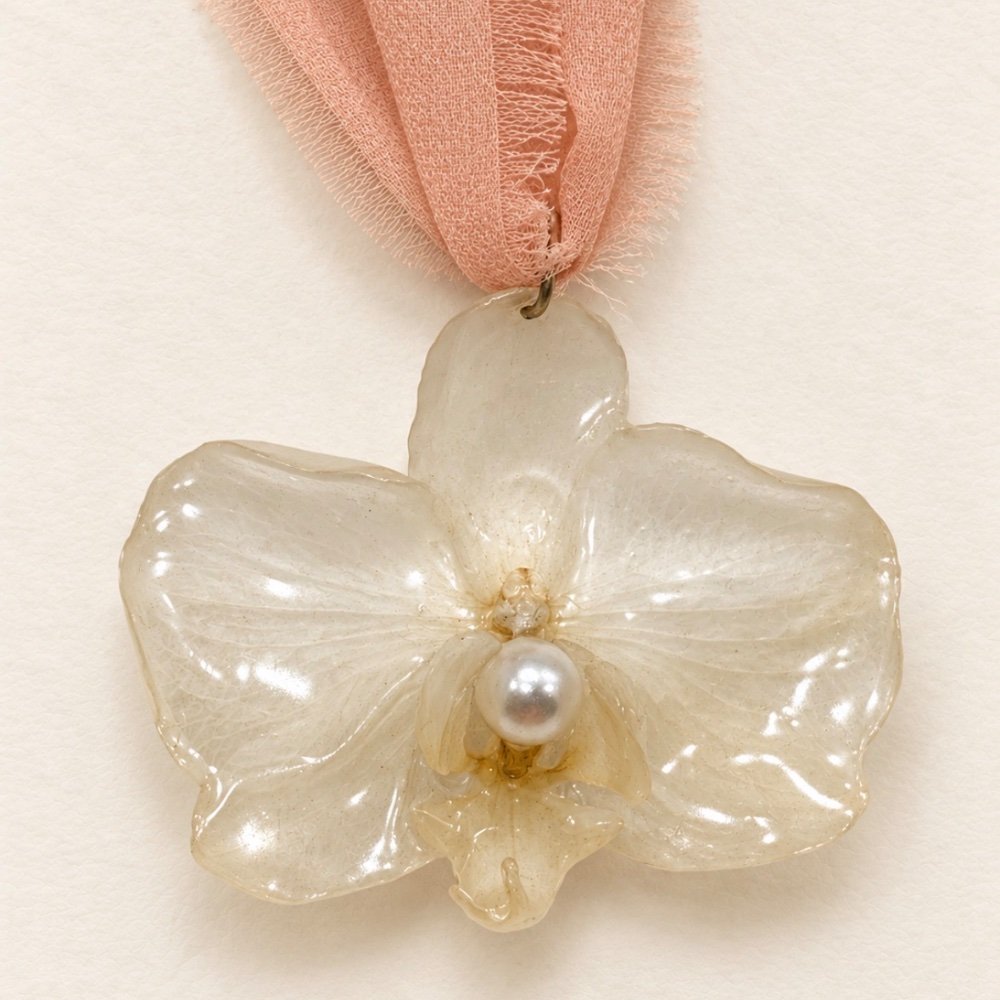 Colgante de orquídea blanca conservada en resina con una perla, sobre cinta de seda rosa