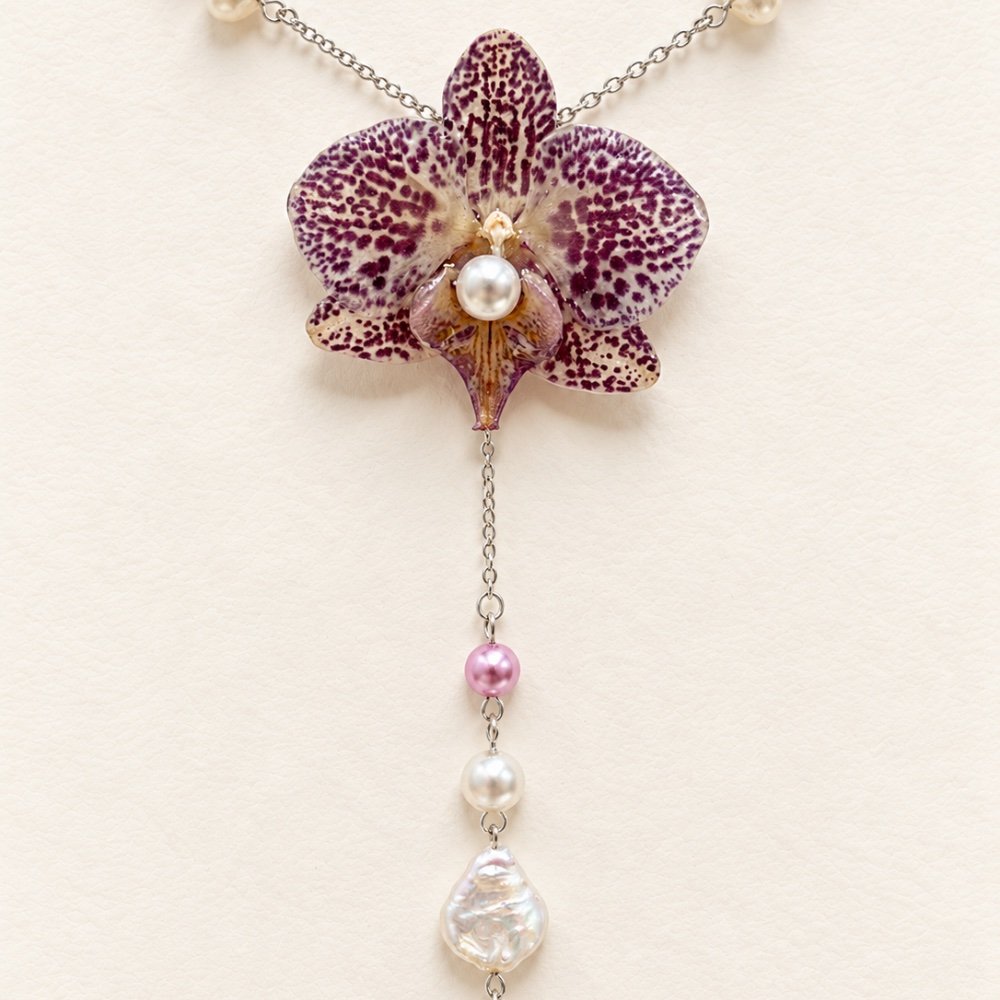 Colgante con una orquídea morada conservada en resina y perlas colgantes