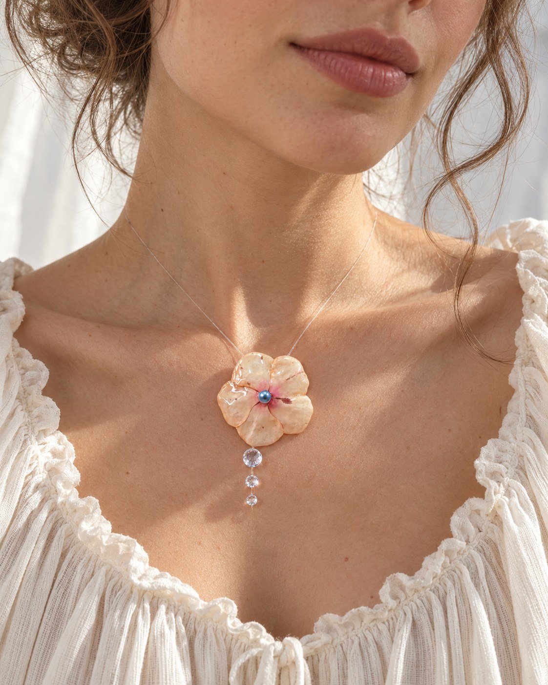 Mujer con un colgante de flor conservada en resina y pequeñas perlas